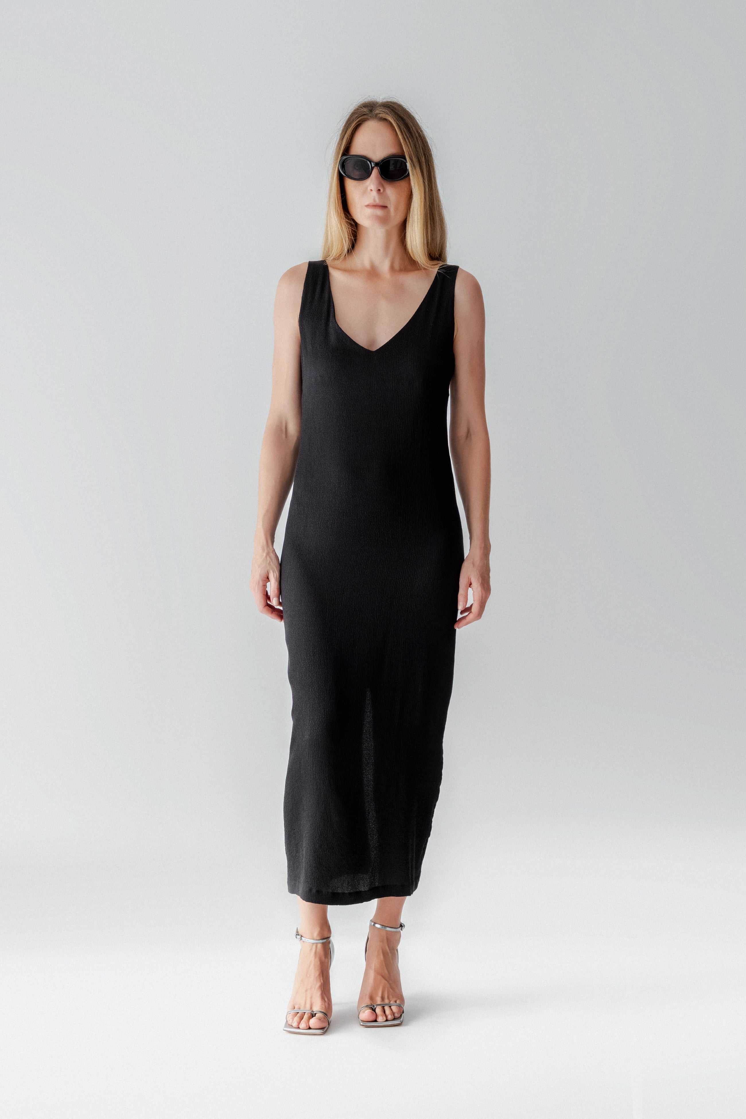 Long V-Neck Dress with Open Back