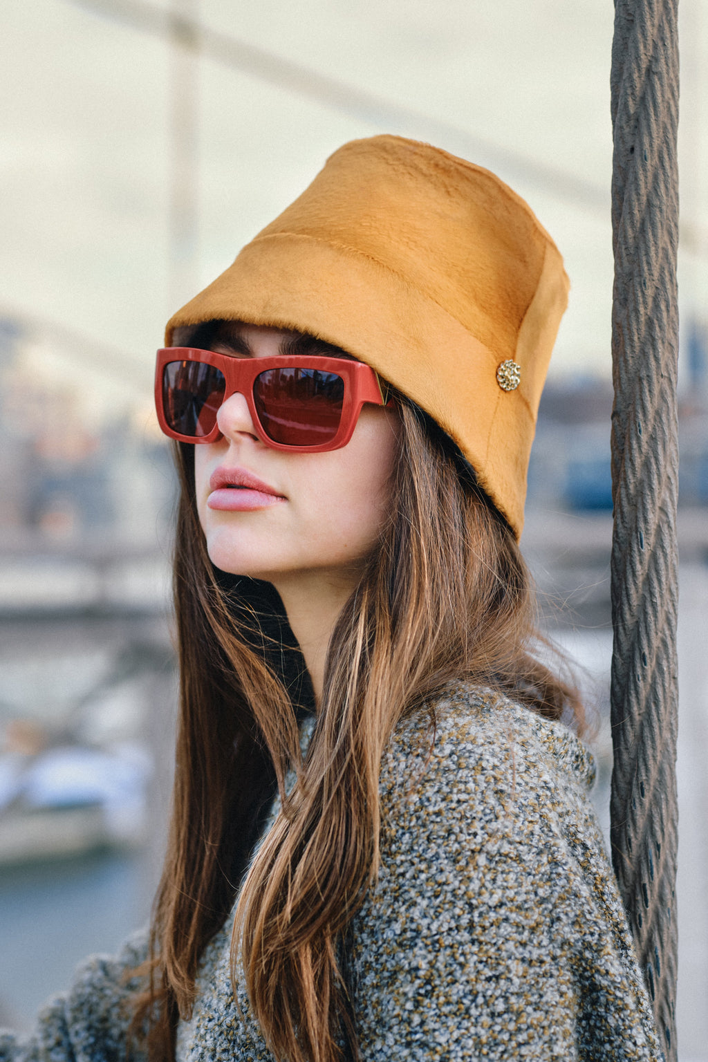 Leather Bucket Hat with Cashmere